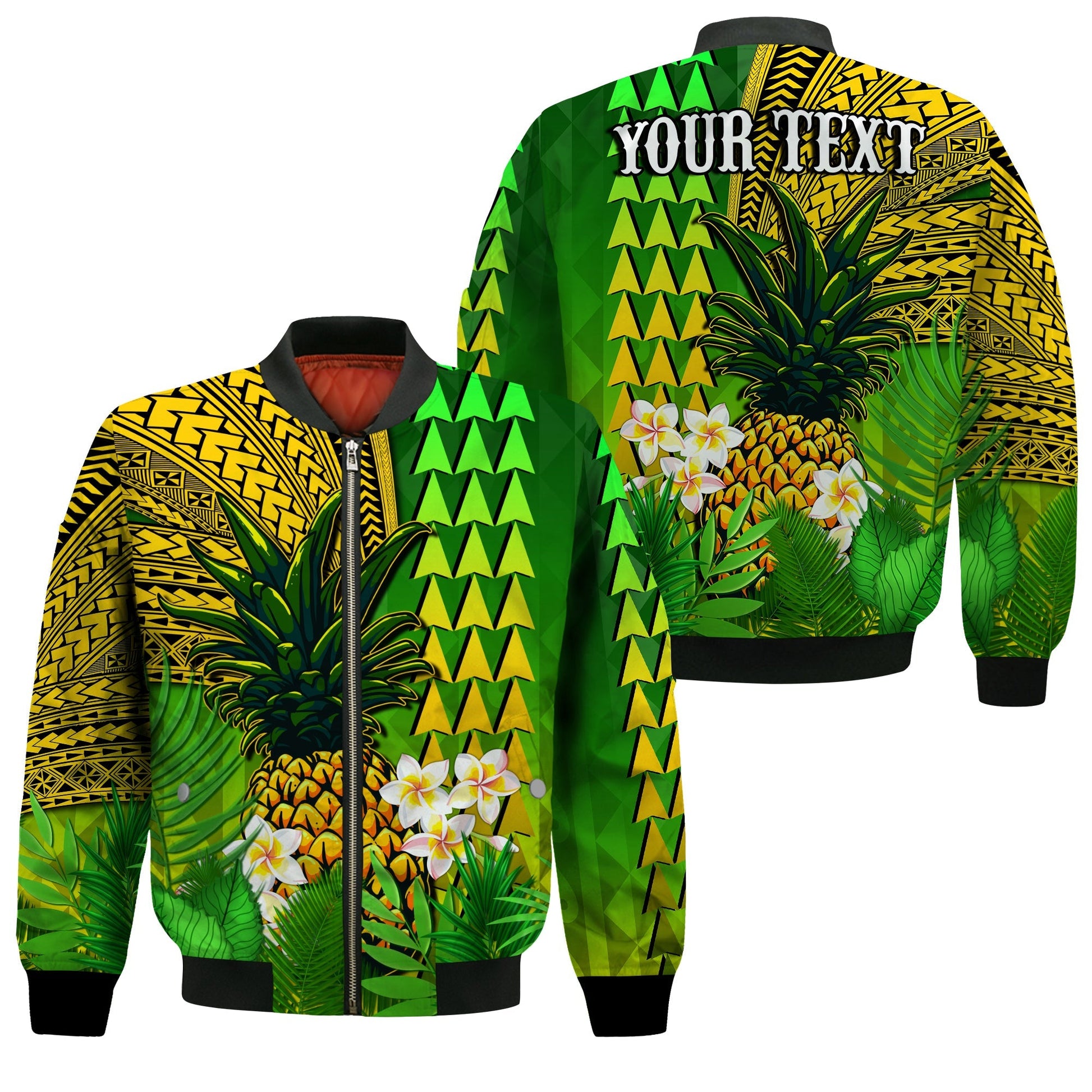 (Custom Personalised) Hawaii Pineapple Bomber Jacket Plumeria Frangipani Mix Tribal Pattern