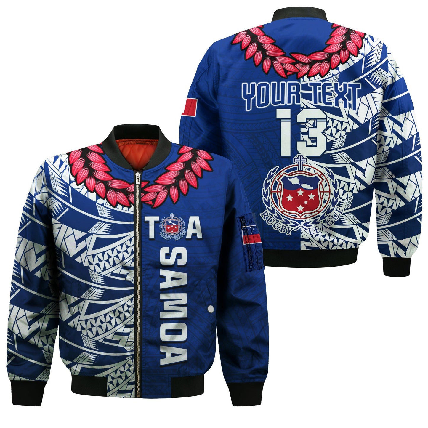 (Custom Text and Number) Toa Samoa Rugby Bomber Jacket Siamupini Ula Fala Blue
