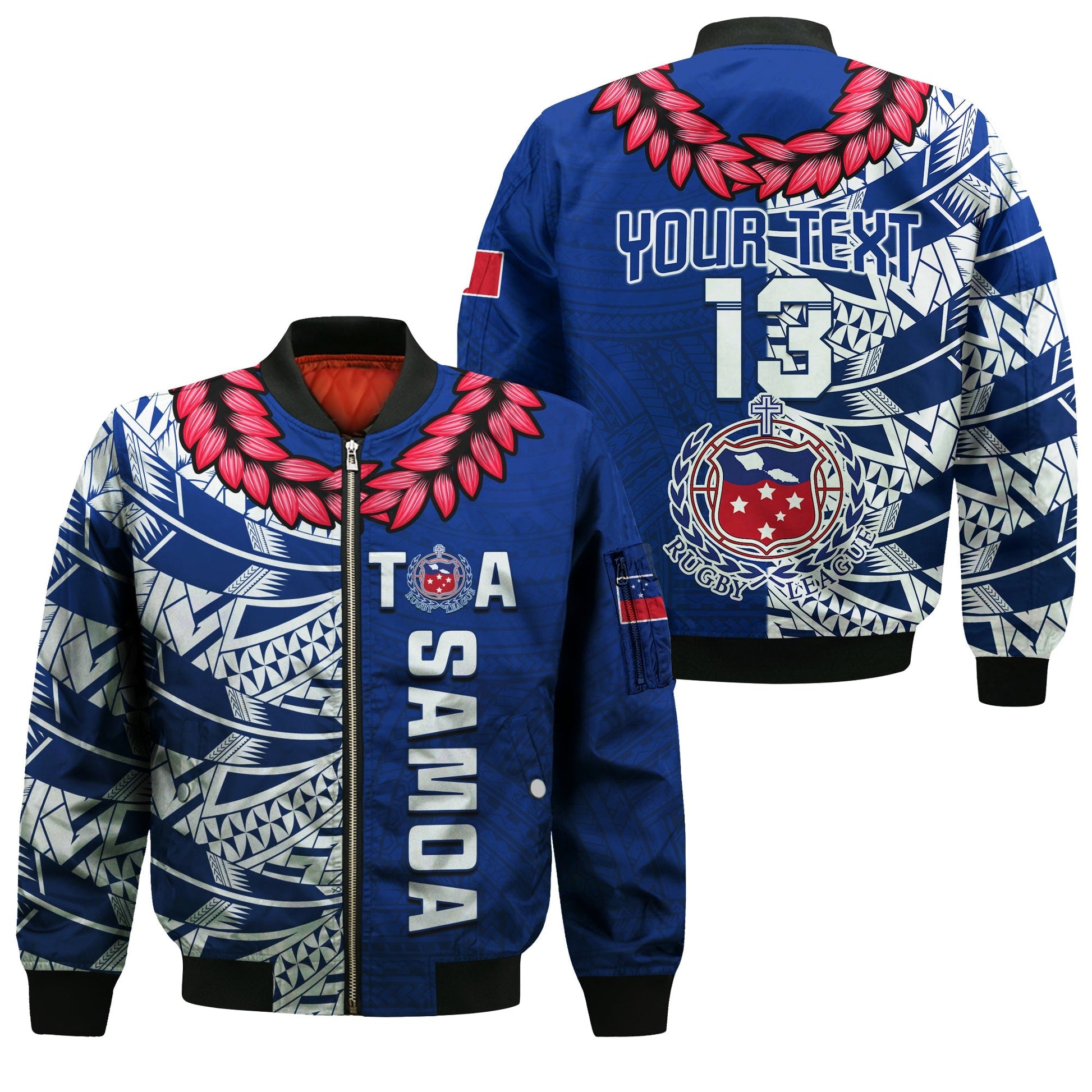 (Custom Text and Number) Toa Samoa Rugby Bomber Jacket Siamupini Ula Fala Blue