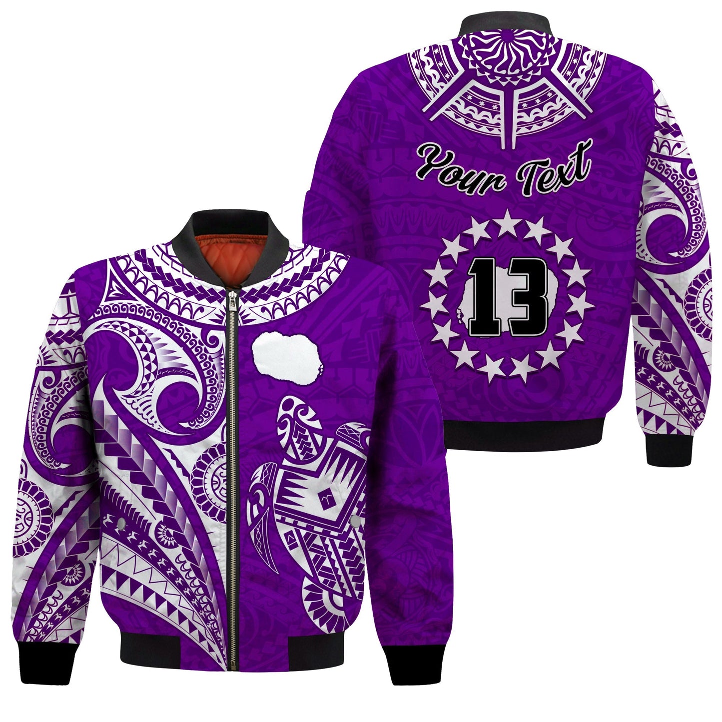 (Custom Text and Number) Rarotonga Cook Islands Bomber Jacket Turtle and Map Style Purple