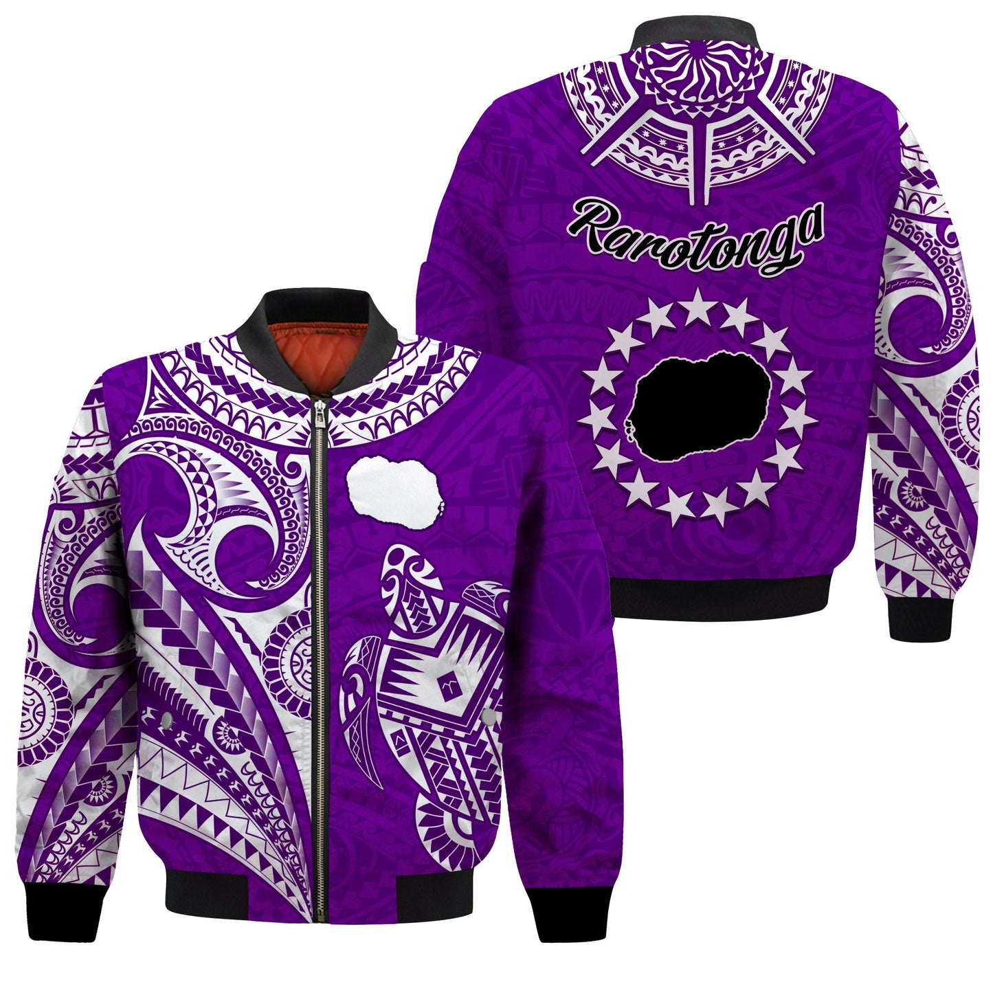 Rarotonga Cook Islands Bomber Jacket Turtle and Map Style Purple