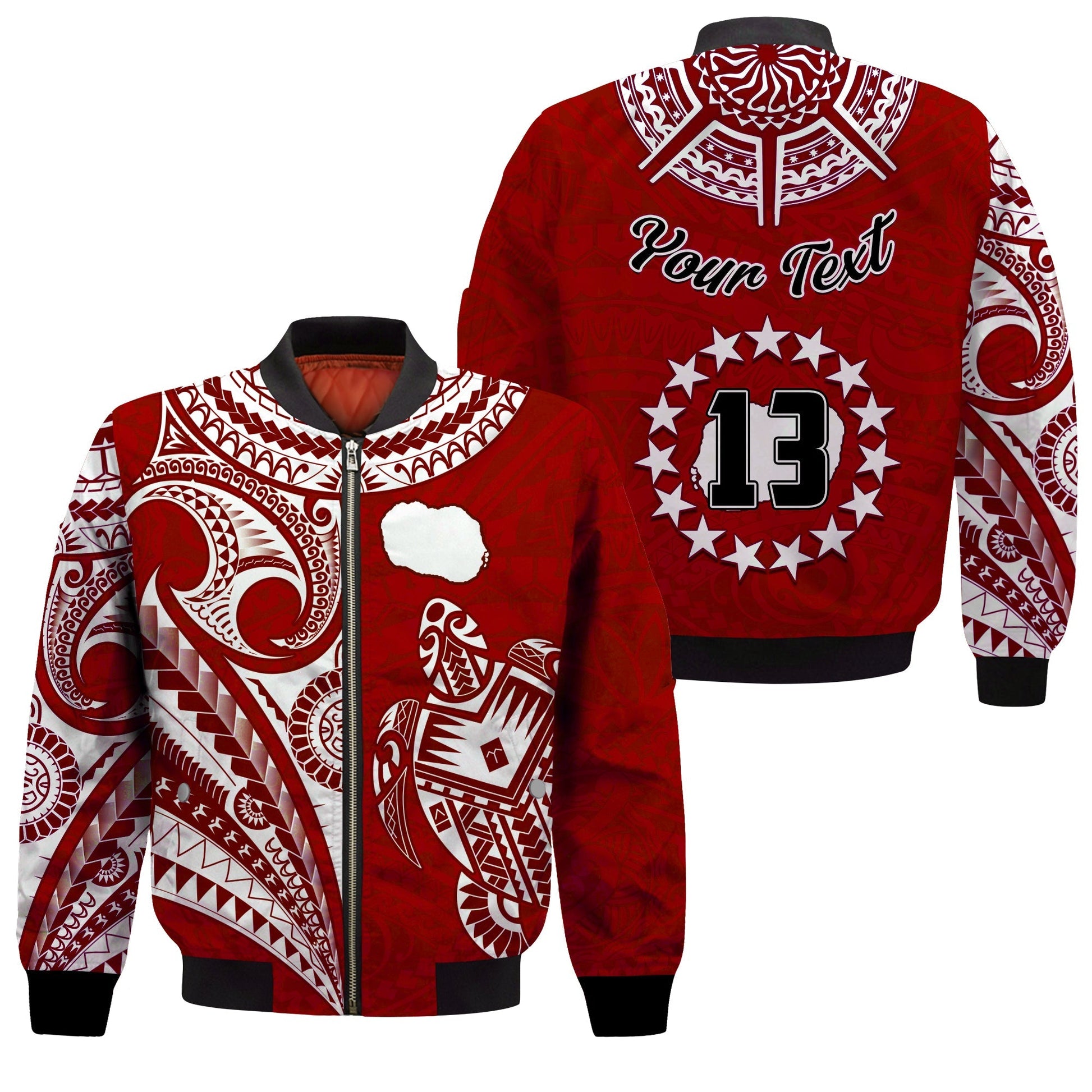 (Custom Text and Number) Rarotonga Cook Islands Bomber Jacket Turtle and Map Style Red