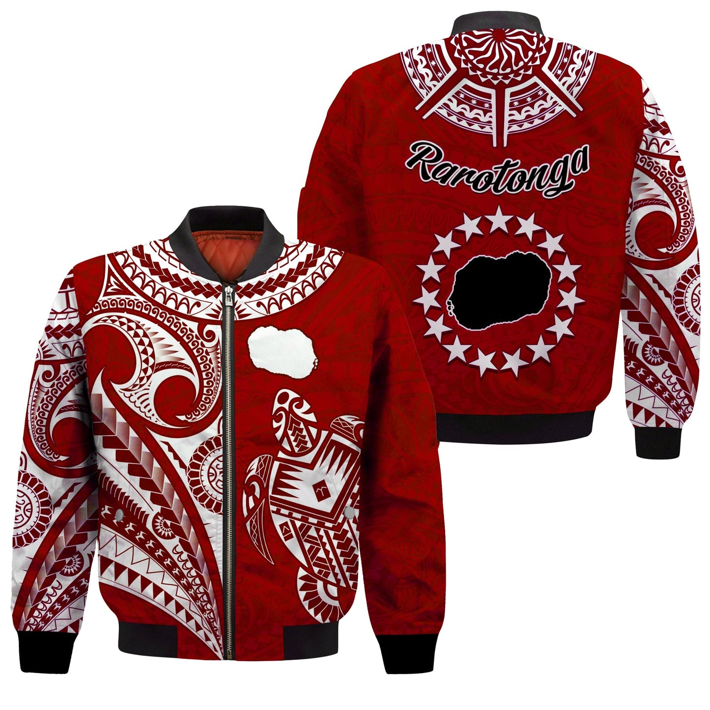 Rarotonga Cook Islands Bomber Jacket Turtle and Map Style Red