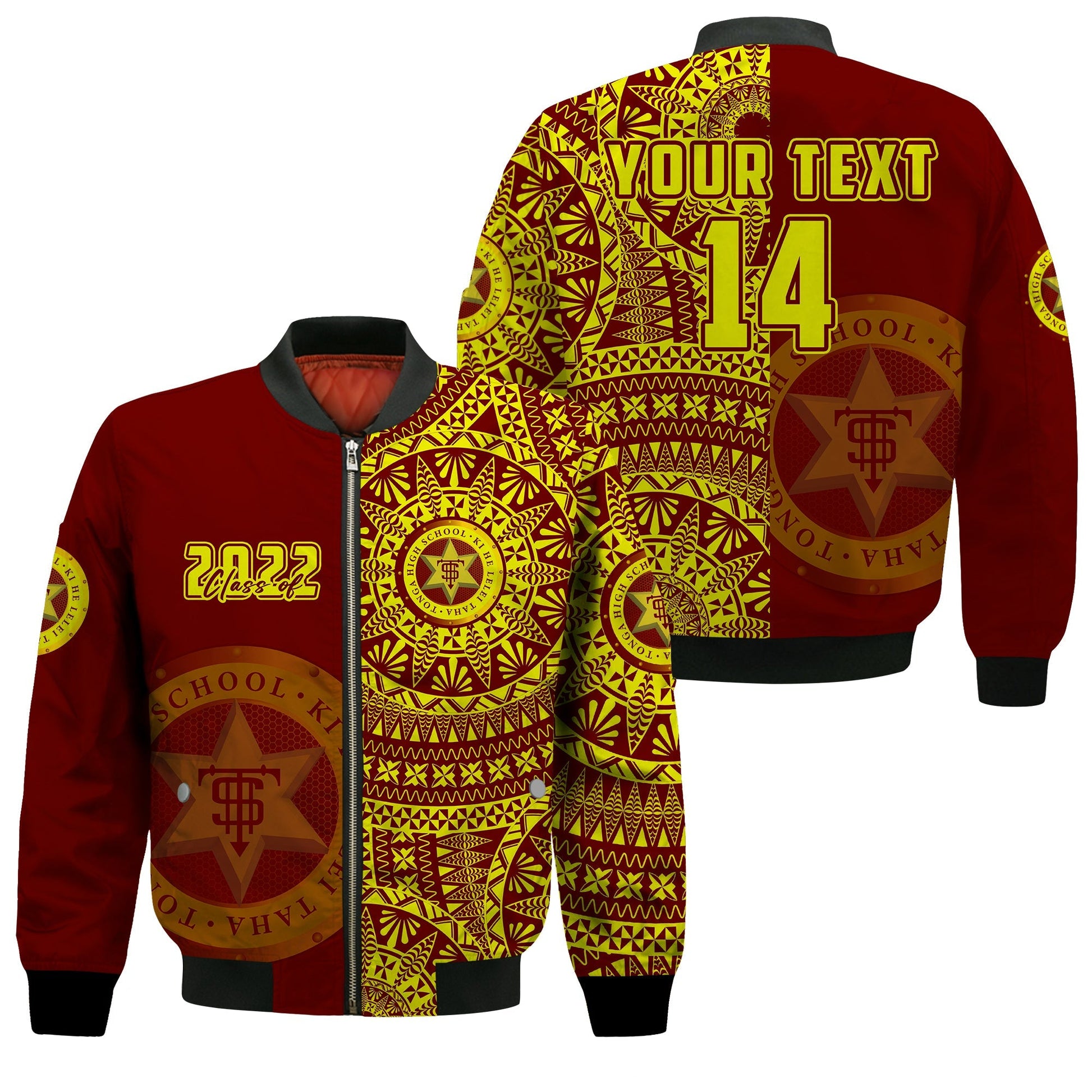 (Custom Text And Number) Tonga High School Bomber Jacket Class Of Year Tongan Ngatu Pattern