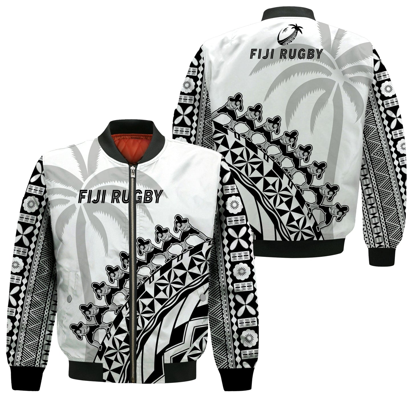 Fiji Rugby Bomber Jacket Fijian Cibi Dance Tapa Pattern White