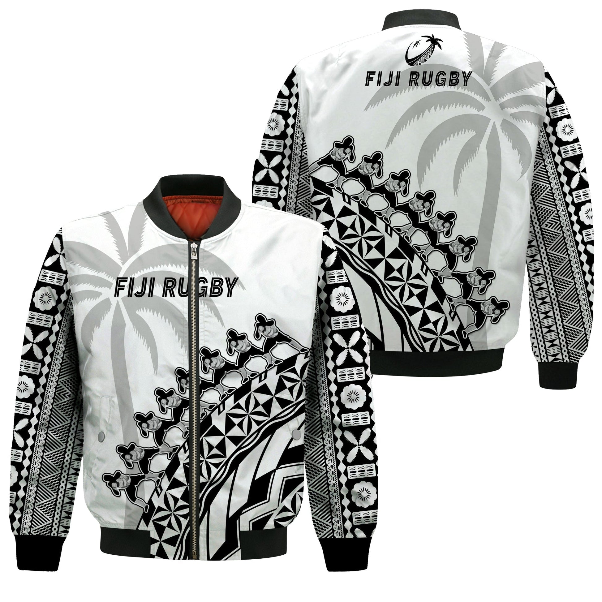 Fiji Rugby Bomber Jacket Fijian Cibi Dance Tapa Pattern White