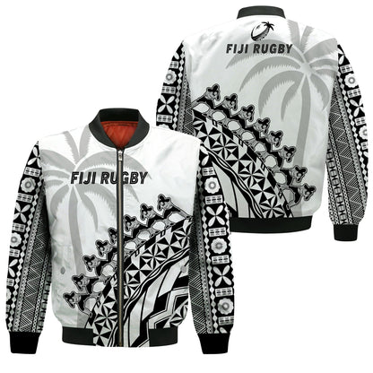 Fiji Rugby Bomber Jacket Fijian Cibi Dance Tapa Pattern White