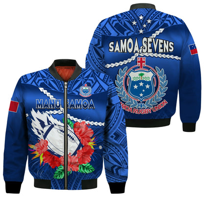 Samoa Rugby Bomber Jacket Manu Samoa Polynesian Hibiscus Blue Style