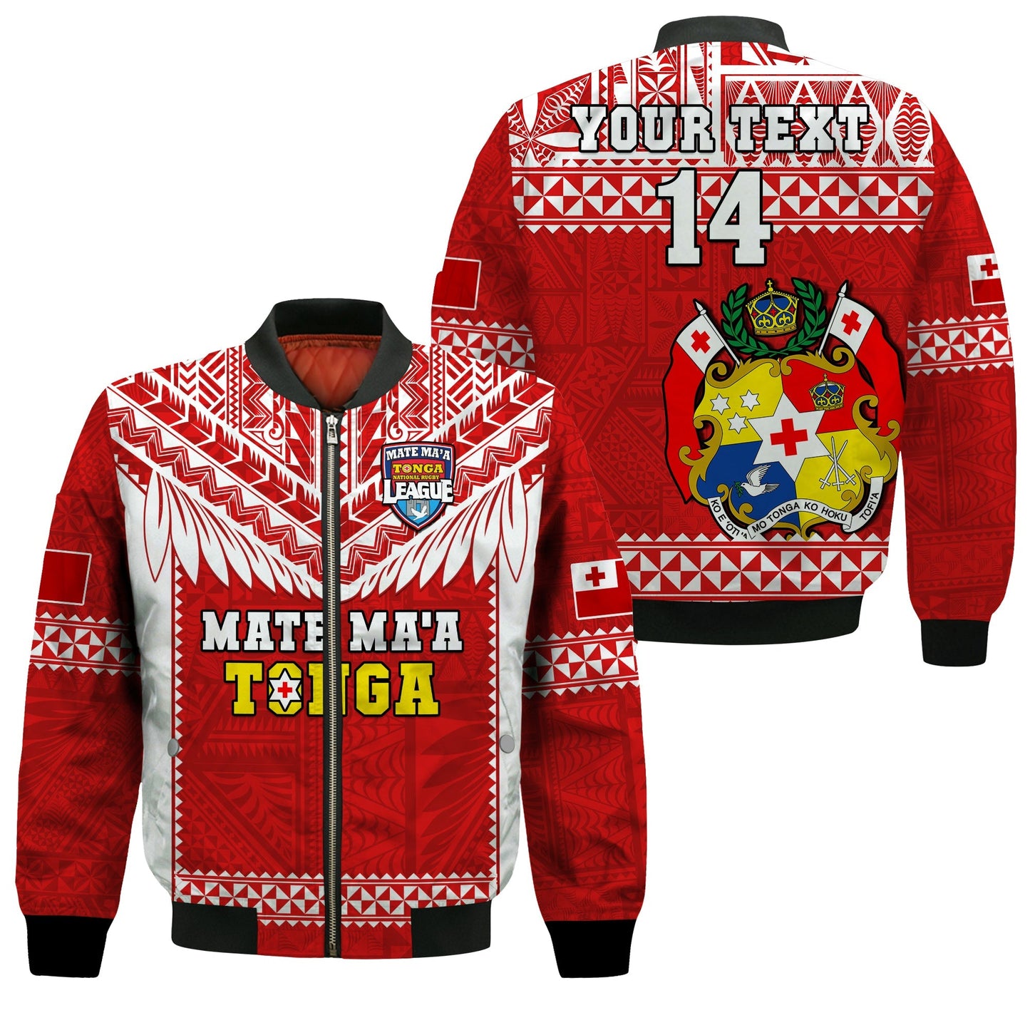 (Custom Text And Number) Tonga Rugby Bomber Jacket Mate Maa Tonga Pacific Ngatu White