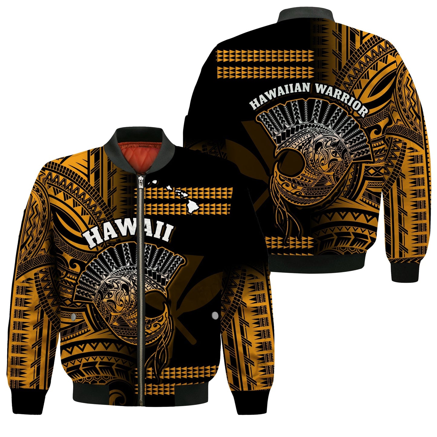 Hawaii Bomber Jacket Kakau Warrior Helmet Gradient Gold Polynesian