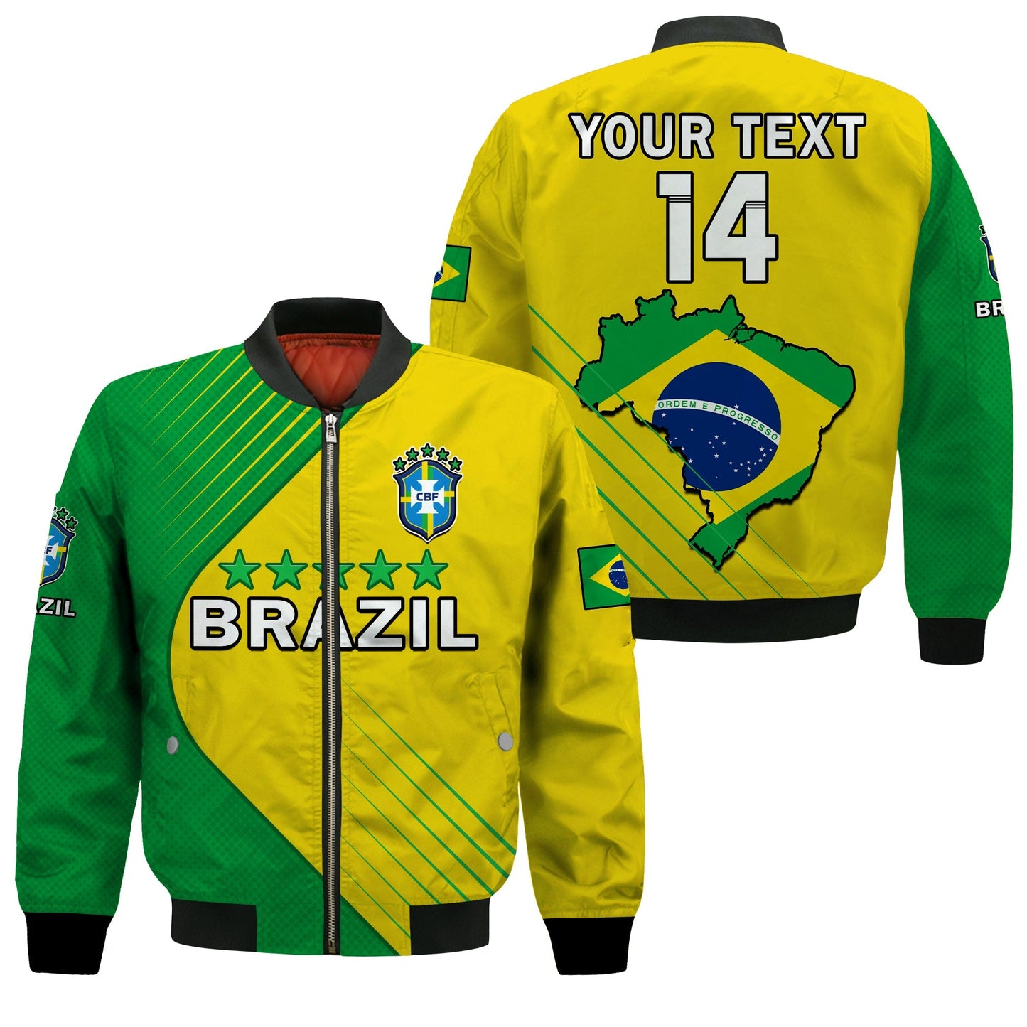 (Custom Text And Number) Brazil Football Bomber Jacket Brasil Map Come On Canarinho Sporty Style