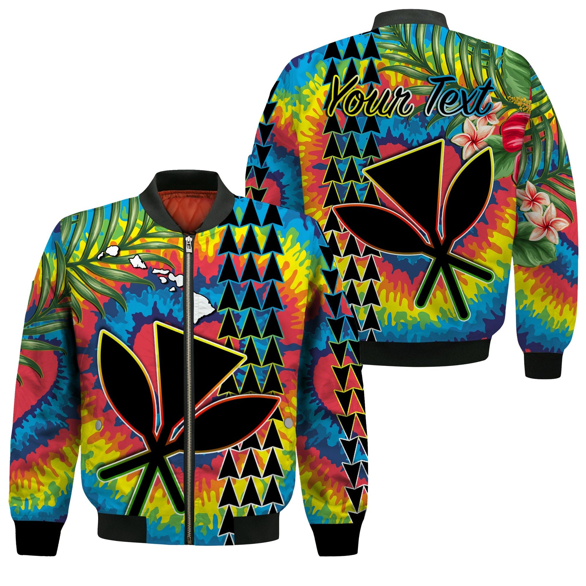 (Custom Personalised) Hawaii Rainbow Tie Dye Bomber Jacket Flowers Polynesian Hawaiian Tribal