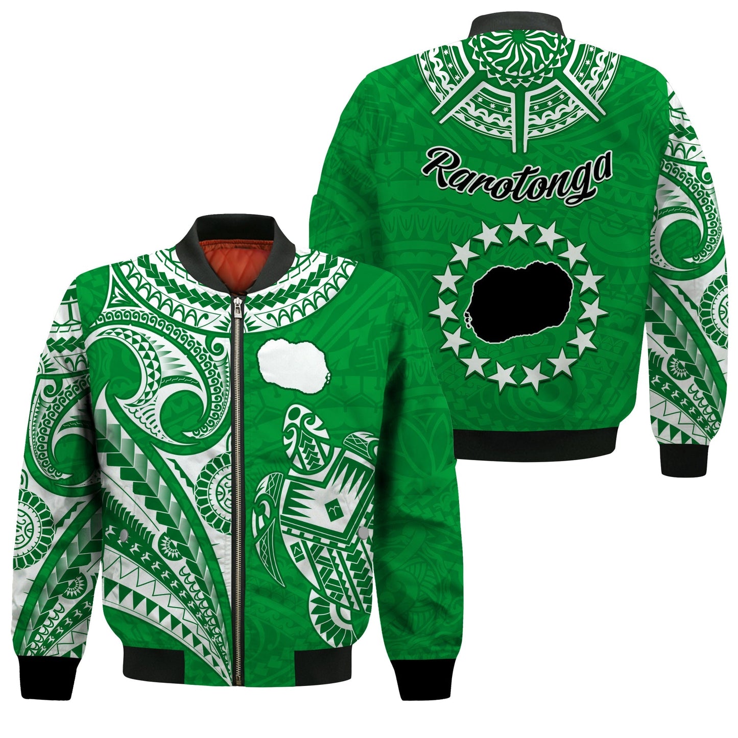 Rarotonga Cook Islands Bomber Jacket Turtle and Map Style Green