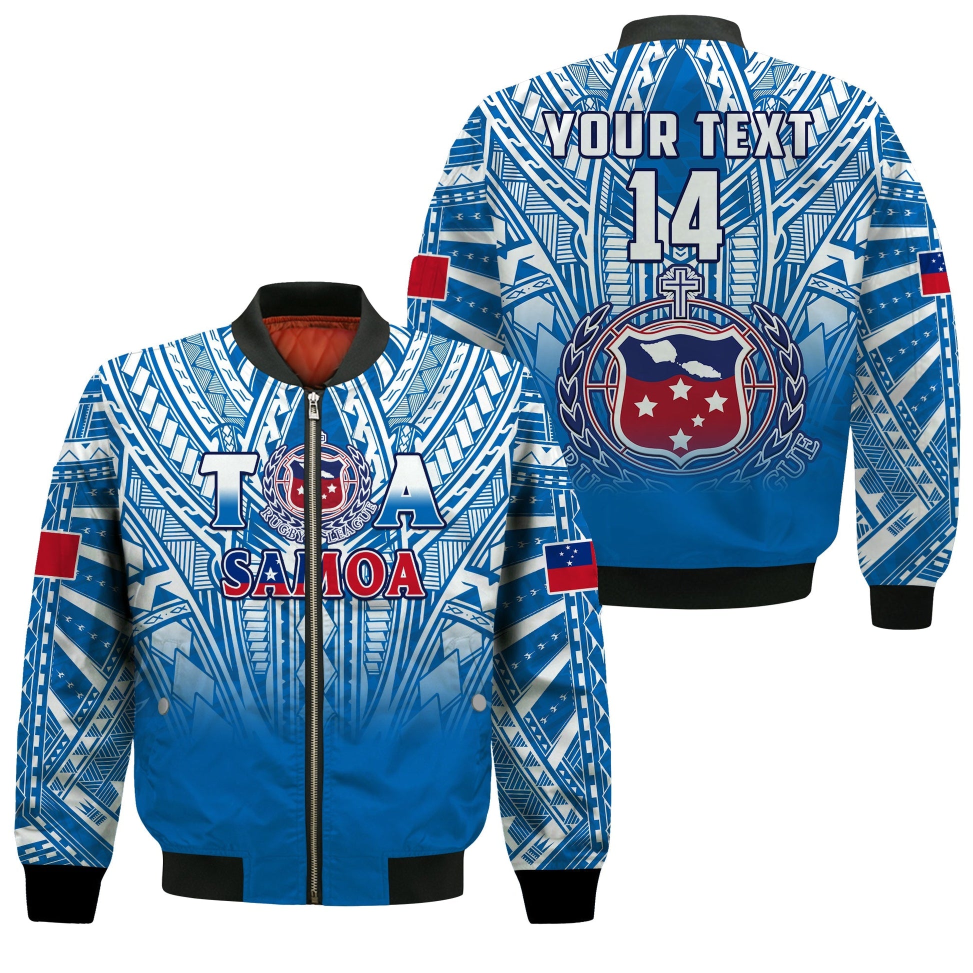 (Custom Text And Number) Samoa Rugby Bomber Jacket Personalise Toa Samoa Polynesian Pacific Blue Version