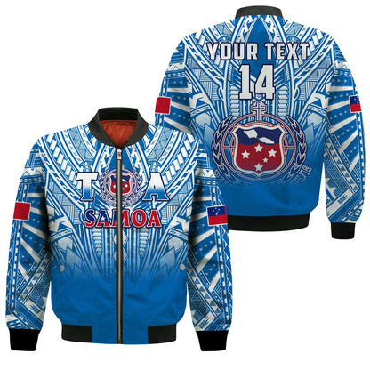(Custom Text And Number) Samoa Rugby Bomber Jacket Personalise Toa Samoa Polynesian Pacific Blue Version