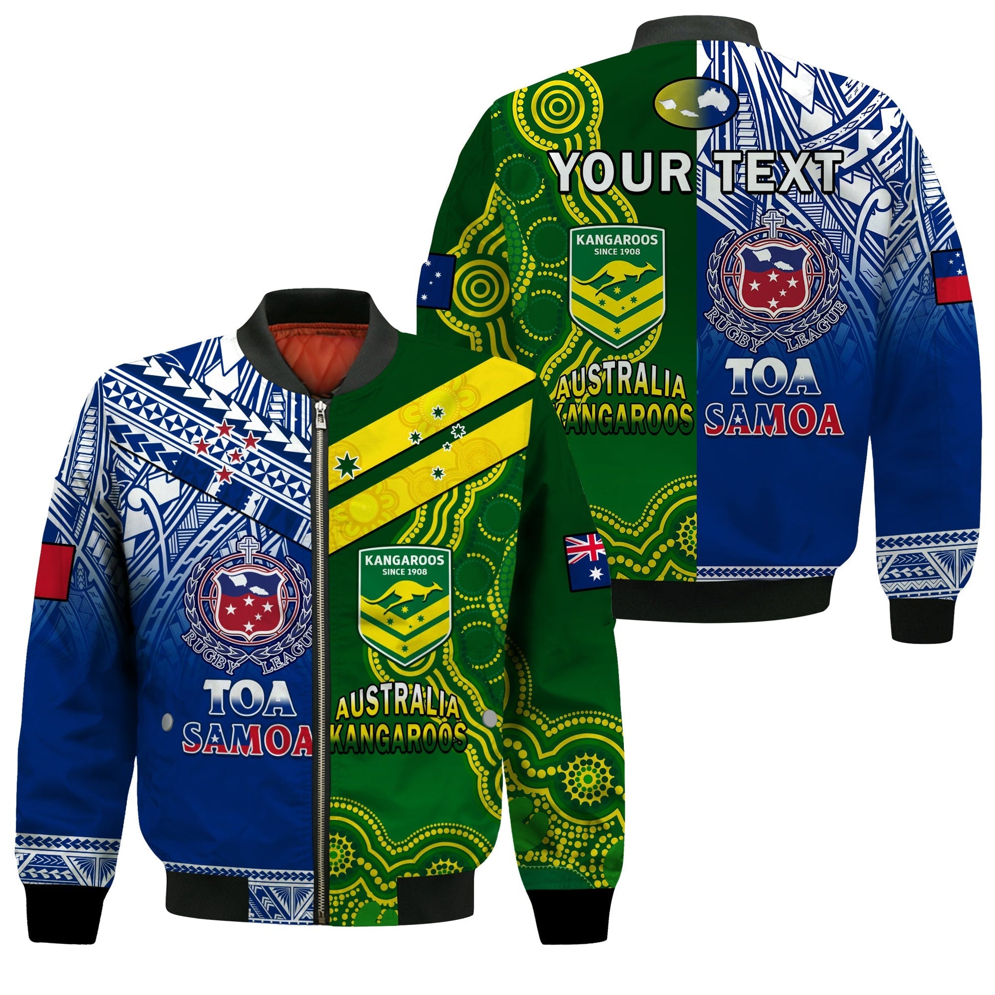 (Custom Personalised) Samoa Rugby and Australia Rugby Bomber Jacket Toa Samoa Mix Kangaroos Pacific