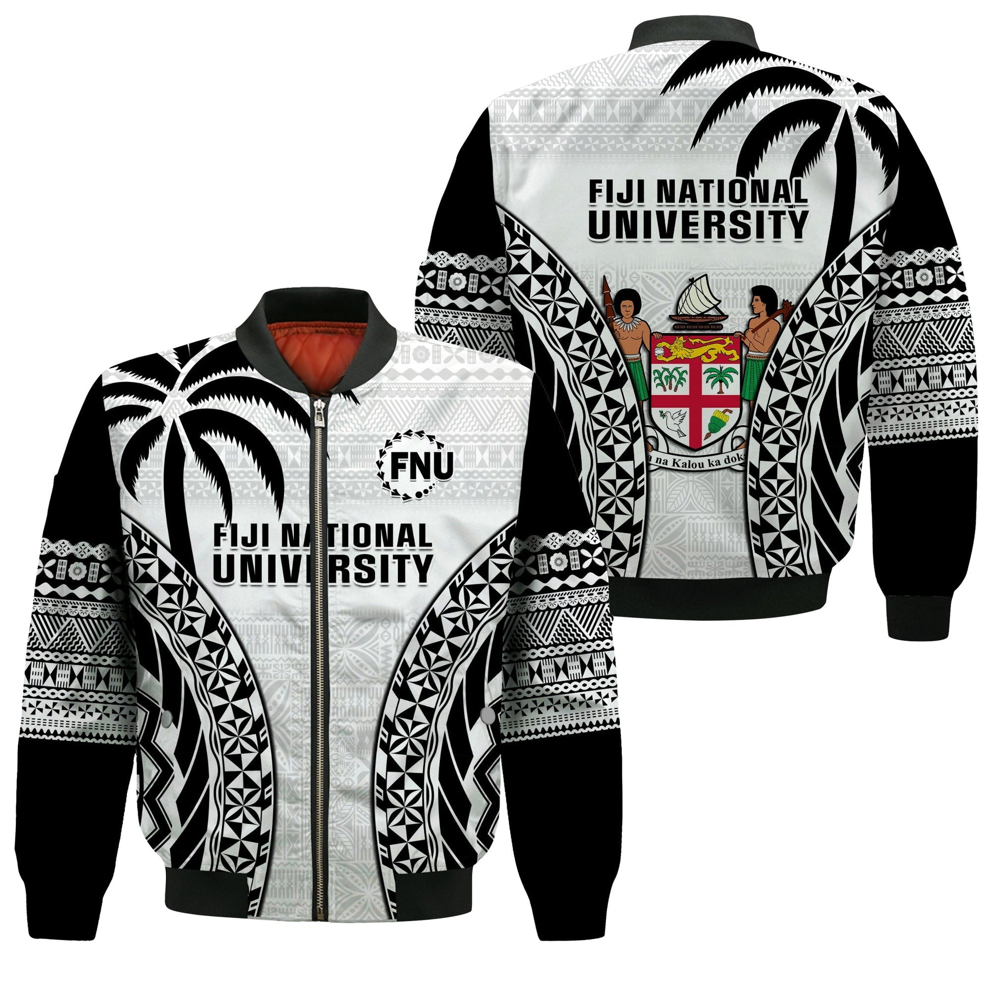 Fiji University Bomber Jacket National Fijian Tapa Pattern White