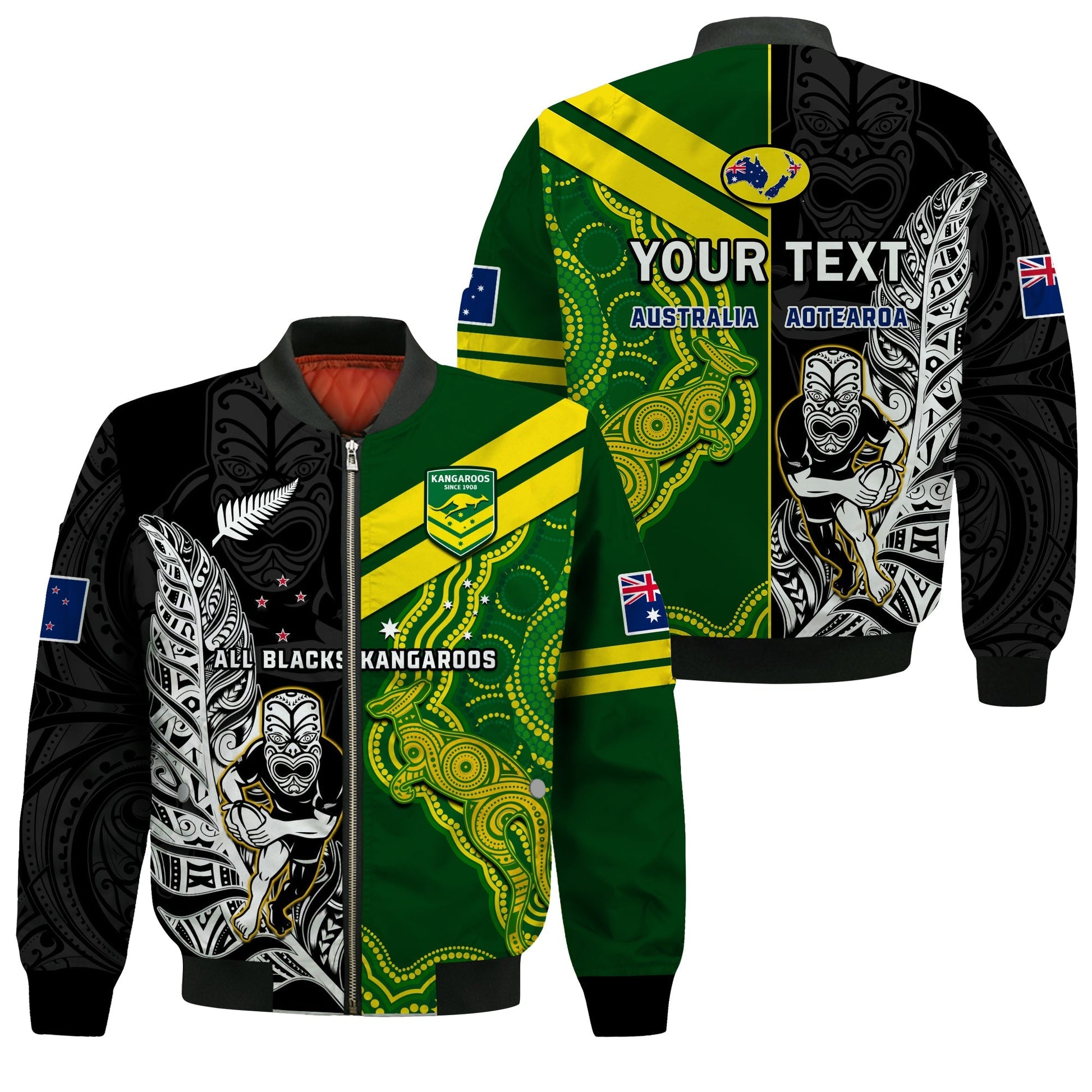 (Custom Personalised) Australia Kangaroos And All Black Rugby Bomber Jacket Aboriginal Mix NZ Maori Fern