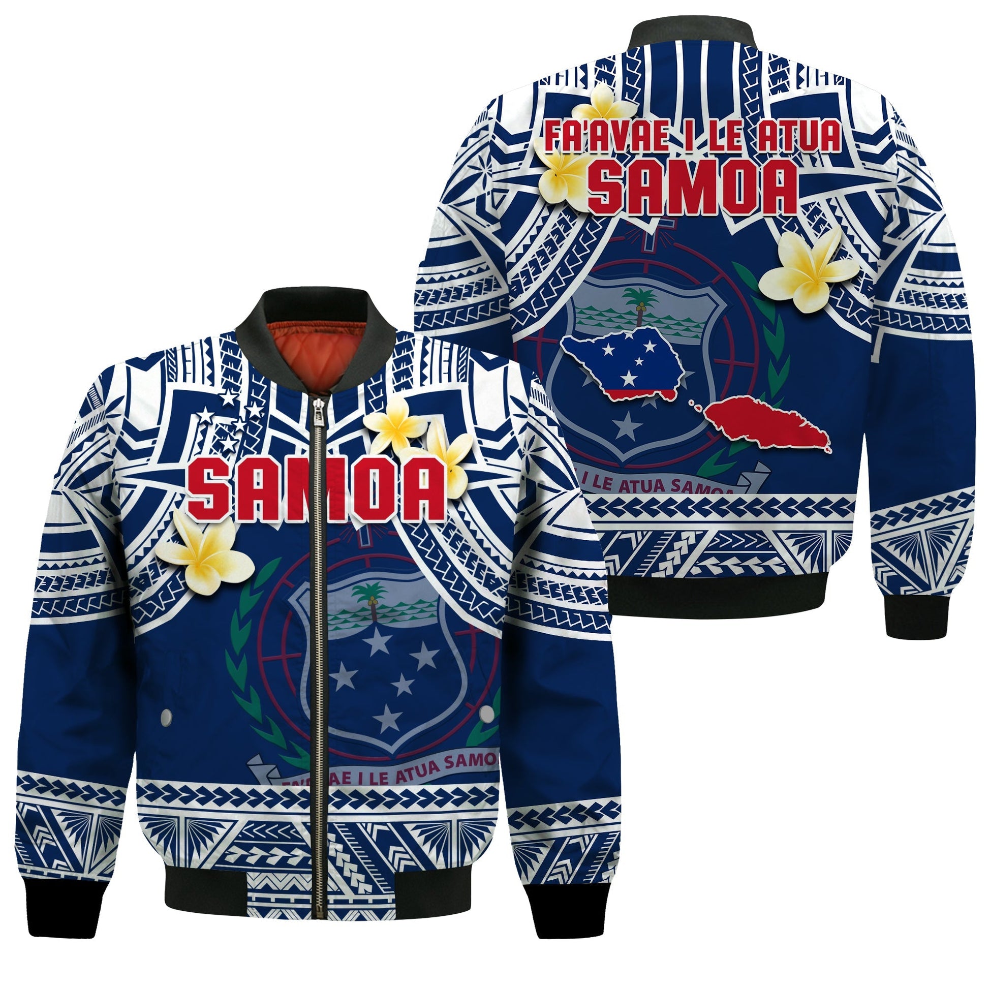 Samoa Bomber Jacket Samoan Plumeria Flowers Mix Polynesian Pattern