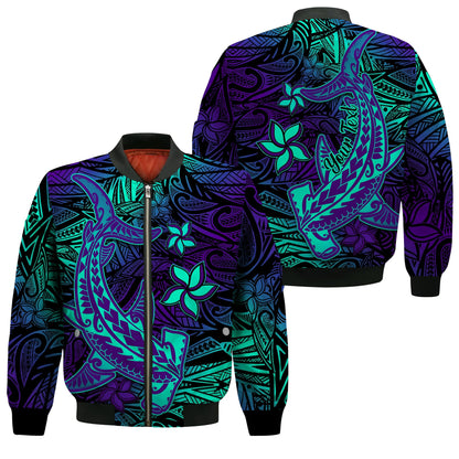 (Custom Personalised) Polynesian Bomber Jacket Purple Paradise Hawaiian Tribal Hammerhead Shark