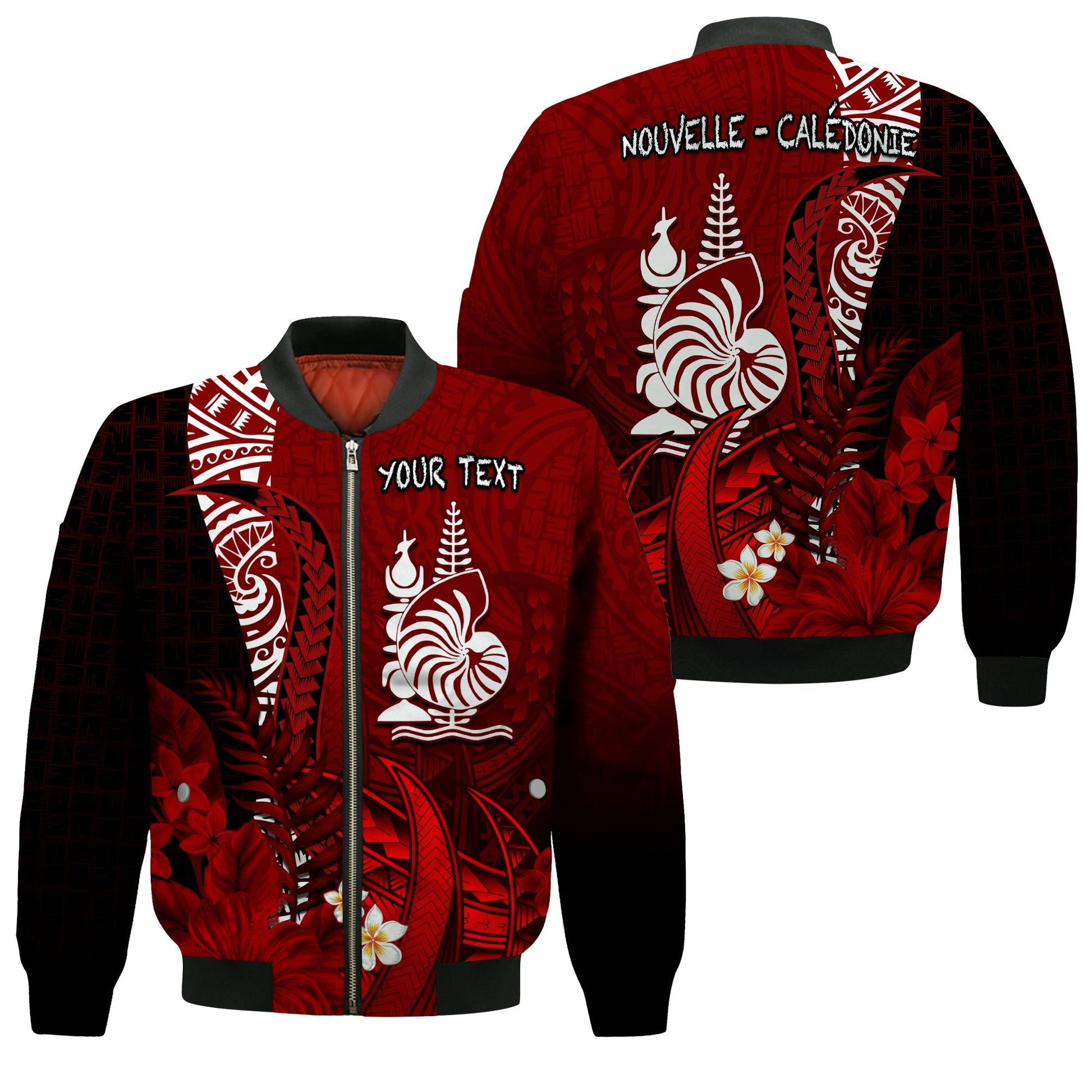 (Custom Personalised) New Caledonia Bomber Jacket Nautilus Red Polynesian Hibiscus