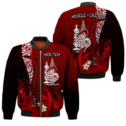 (Custom Personalised) New Caledonia Bomber Jacket Nautilus Red Polynesian Hibiscus