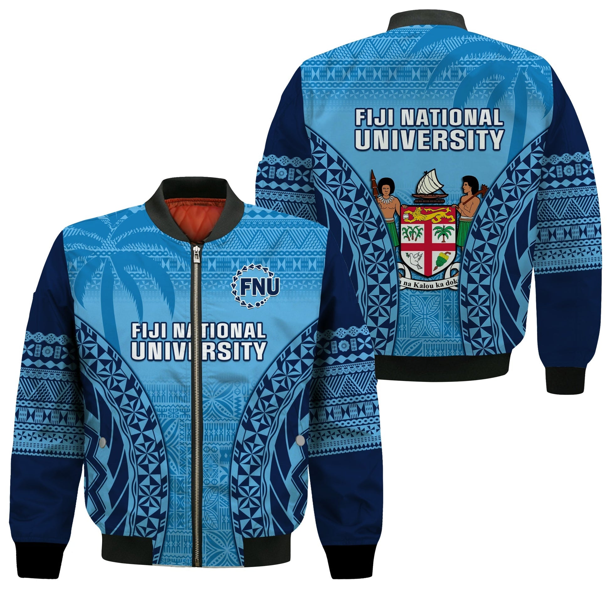 Fiji University Bomber Jacket National Fijian Tapa Pattern Blue