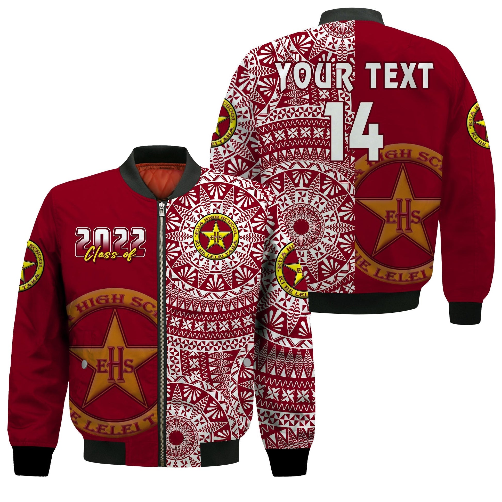(Custom Text And Number) Tonga Eua High School Bomber Jacket Class Of Year Tongan Ngatu Pattern