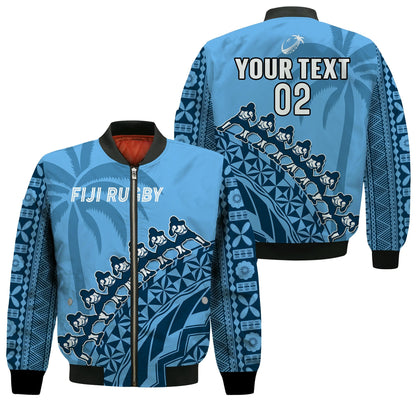 (Custom Text And Number) Fiji Tapa Rugby Bomber Jacket Fijian Cibi Dance Tapa Pattern Blue