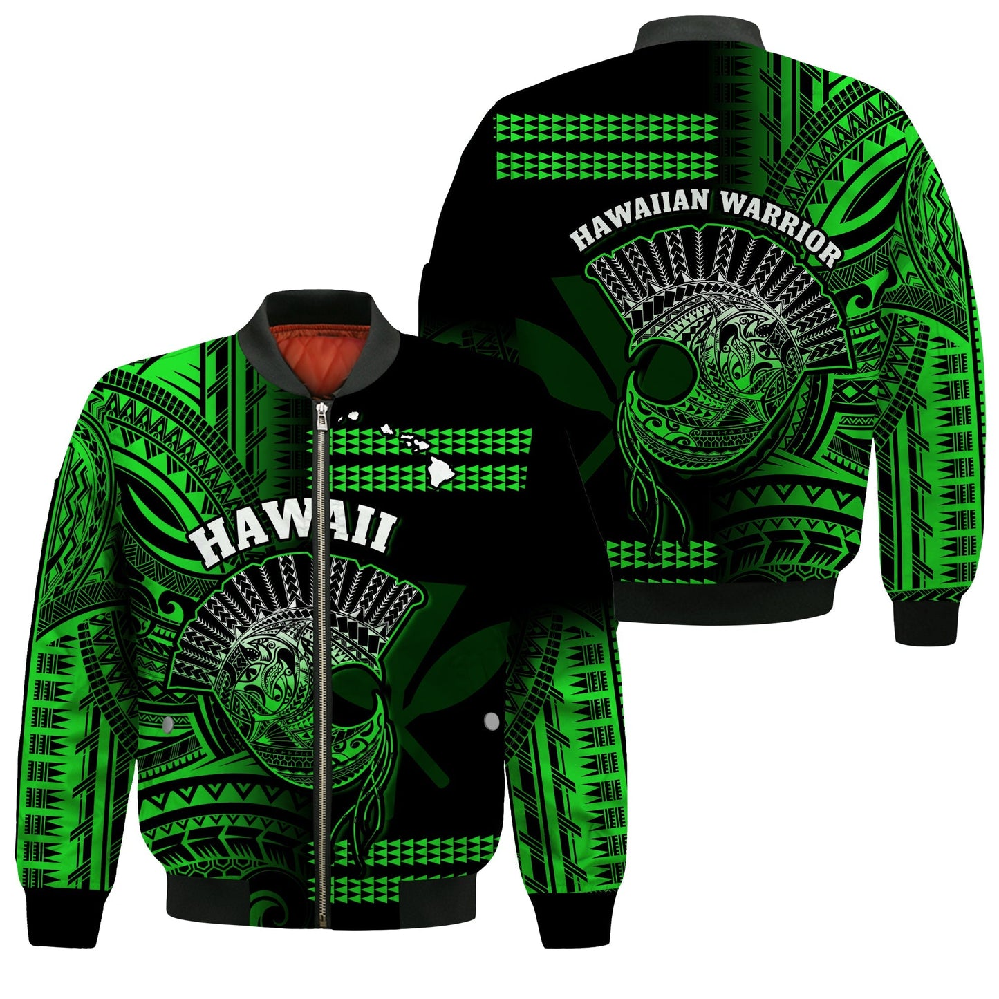 Hawaii Bomber Jacket Kakau Warrior Helmet Gradient Green Polynesian
