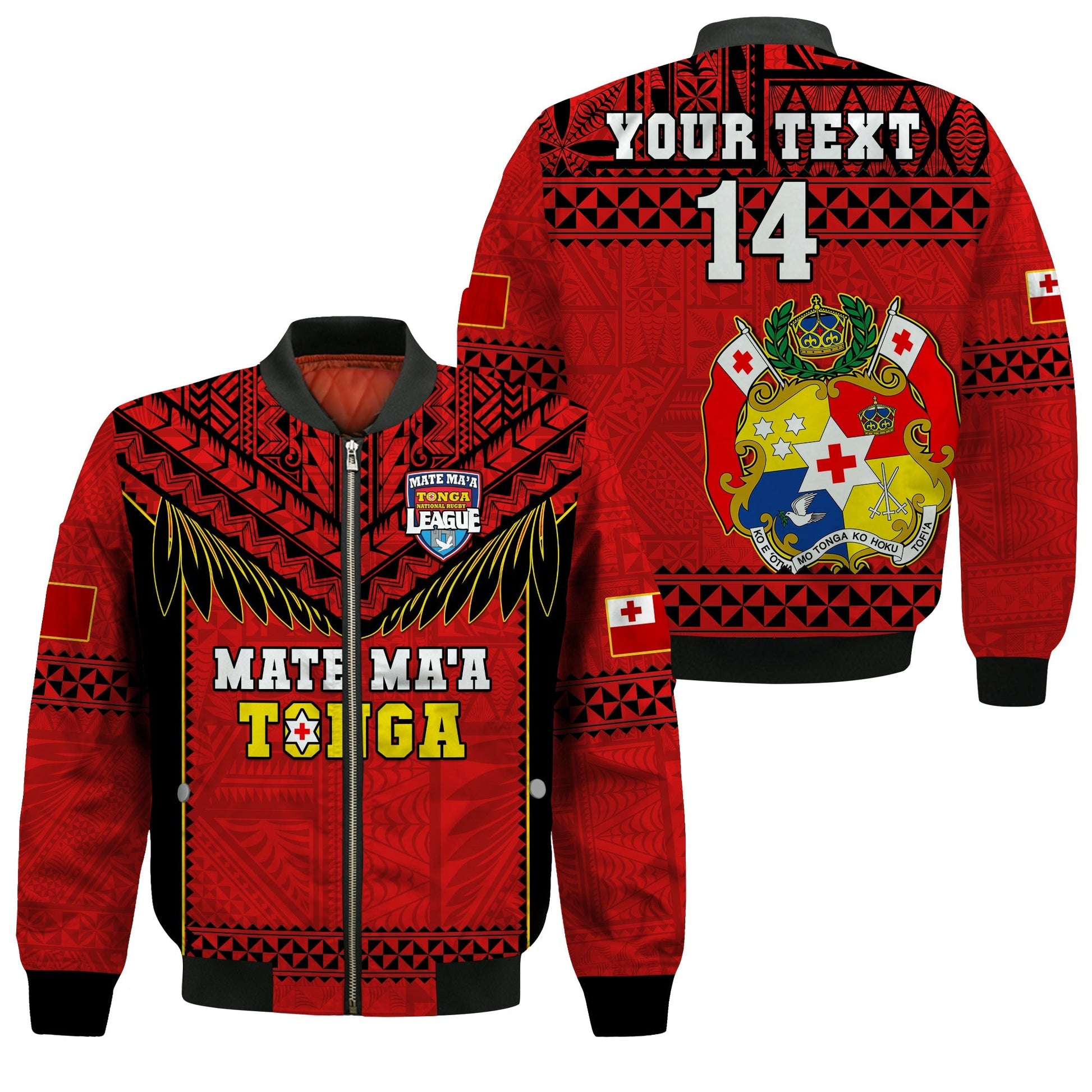 (Custom Text And Number) Tonga Rugby Bomber Jacket Mate Maa Tonga Pacific Ngatu Black
