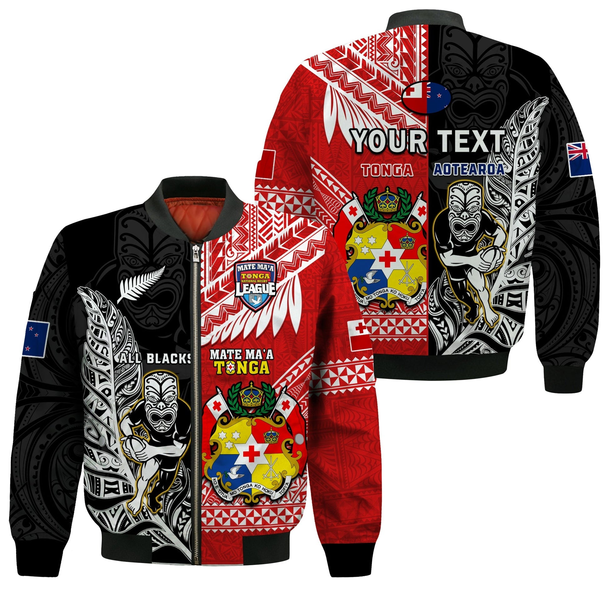 (Custom Personalised) Mate Maa Tonga And All Black Rugby Bomber Jacket Polynesian Mix NZ Maori Fern