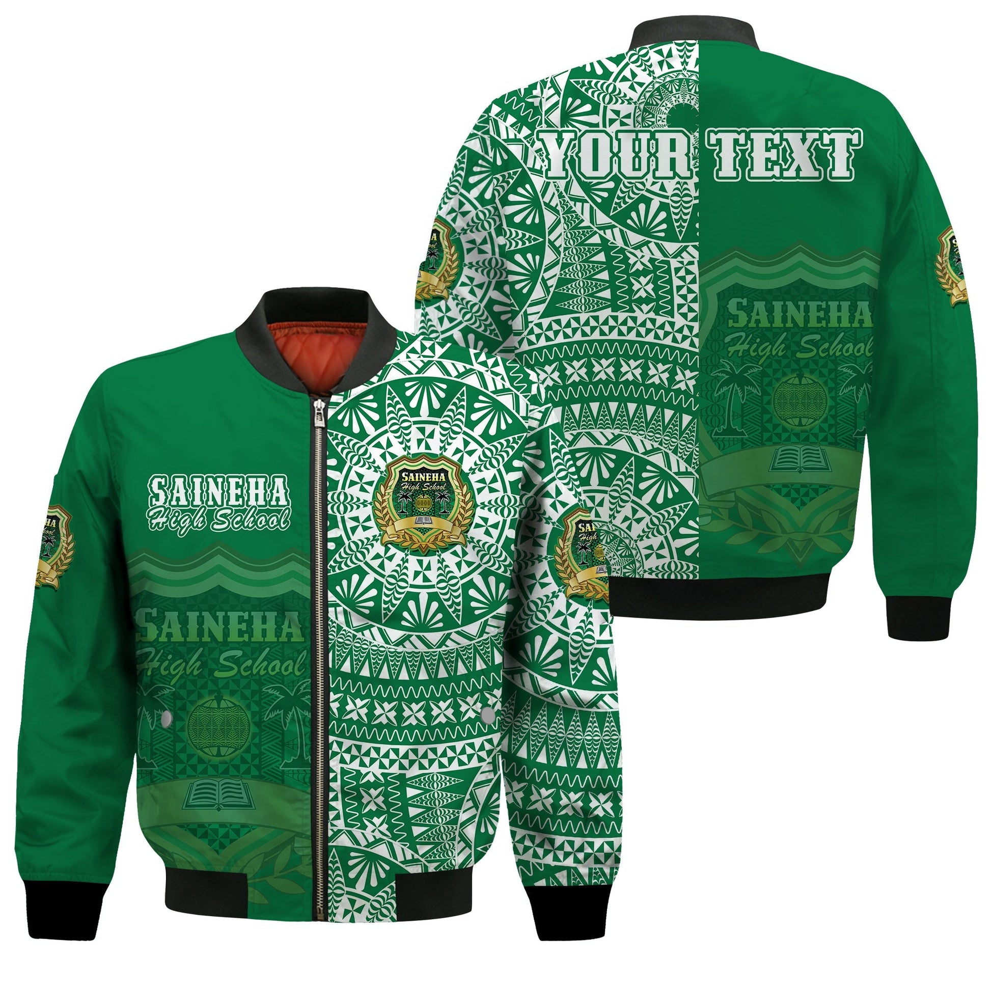 (Custom Personalised) Tonga Saineha High School Bomber Jacket Tongan Ngatu Pattern