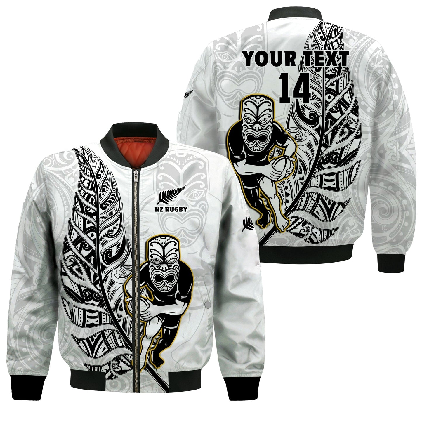 (Custom Text And Number) New Zealand Silver Fern Rugby Bomber Jacket All Black Maori Version White