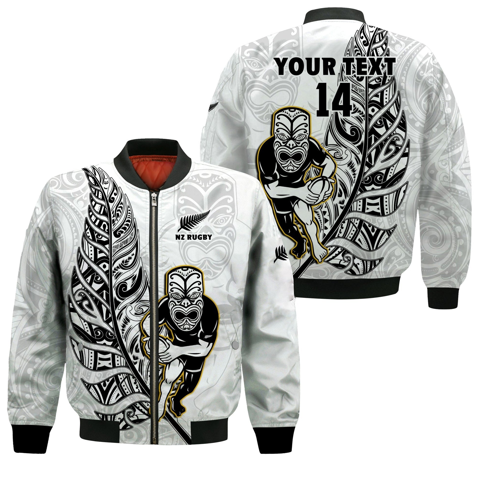 (Custom Text And Number) New Zealand Silver Fern Rugby Bomber Jacket All Black Maori Version White