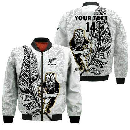 (Custom Text And Number) New Zealand Silver Fern Rugby Bomber Jacket All Black Maori Version White