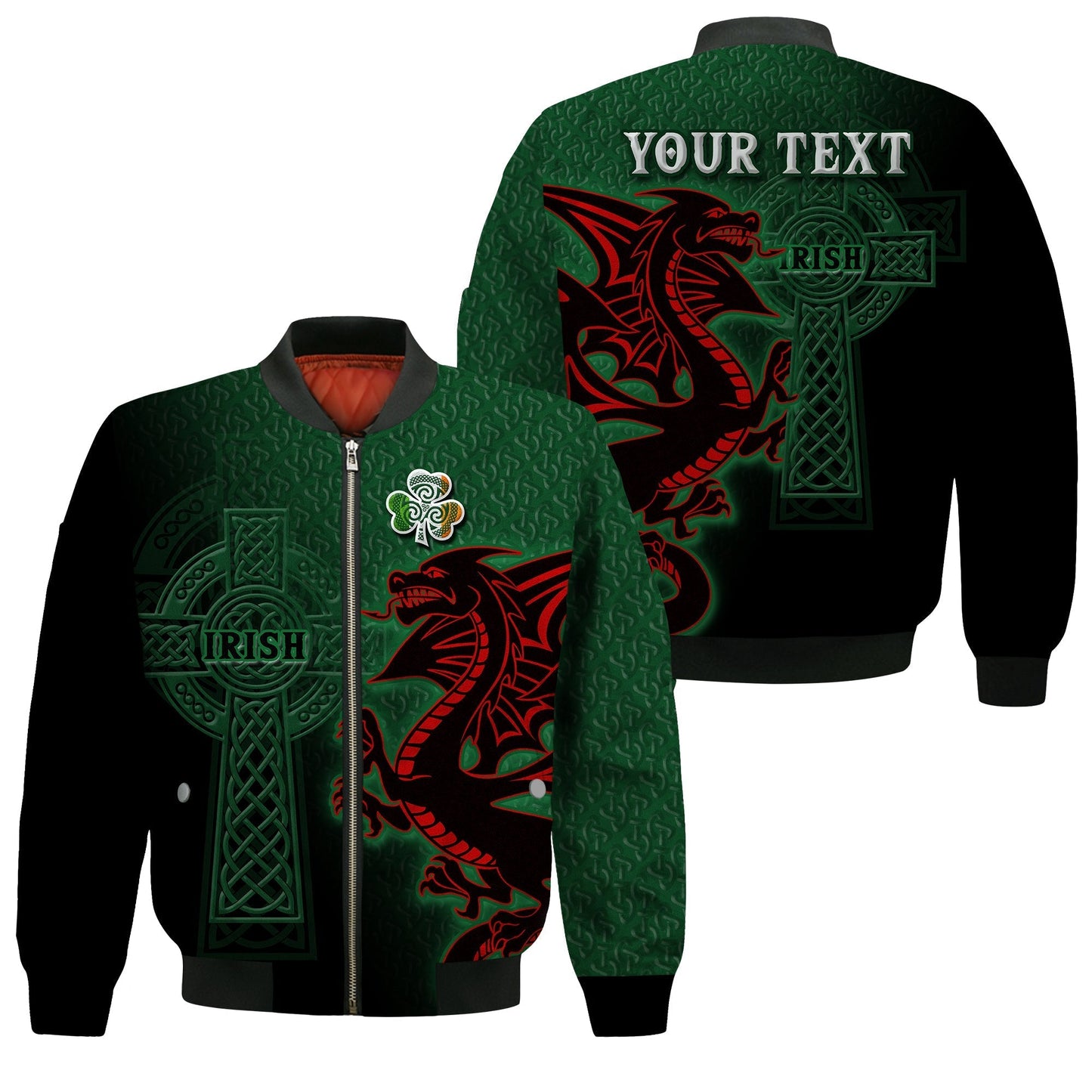 Custom Ireland Bomber Jacket The Shamrock Celtic Cross Mix Dragon