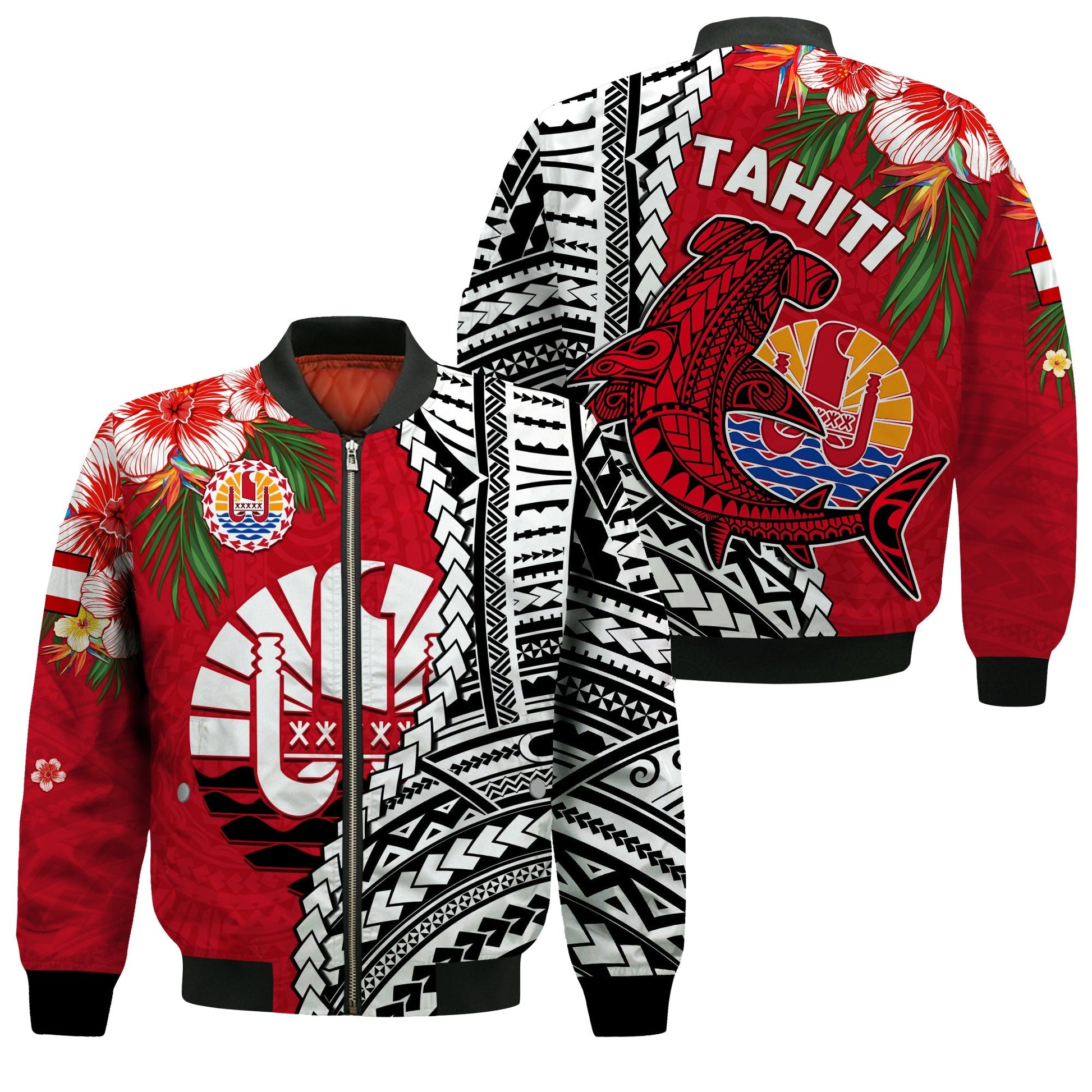 Tahiti Islands Bomber Jacket Polynesian Shark Mix Tropical Flowers