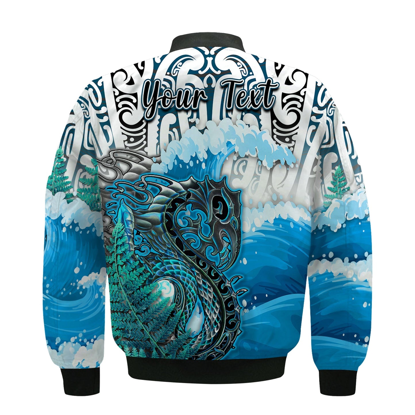 (Custom Personalised) Manaia Maori Bomber Jacket Fern Aotearoa Blue Waves