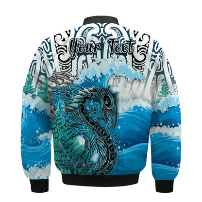 (Custom Personalised) Manaia Maori Bomber Jacket Fern Aotearoa Blue Waves