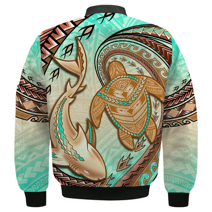 Hawaii Bomber Jacket Polynesian Shark And Sea Turtle Dreamy Turquoise Artsy