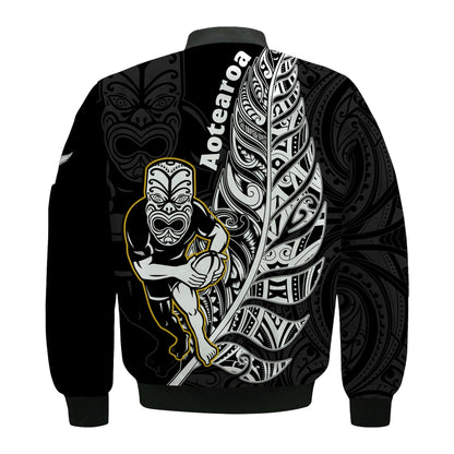 New Zealand Silver Fern Rugby Bomber Jacket All Black Maori Version Black
