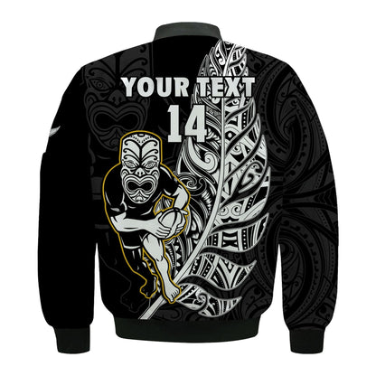 (Custom Text And Number) New Zealand Silver Fern Rugby Bomber Jacket All Black Maori Version Black