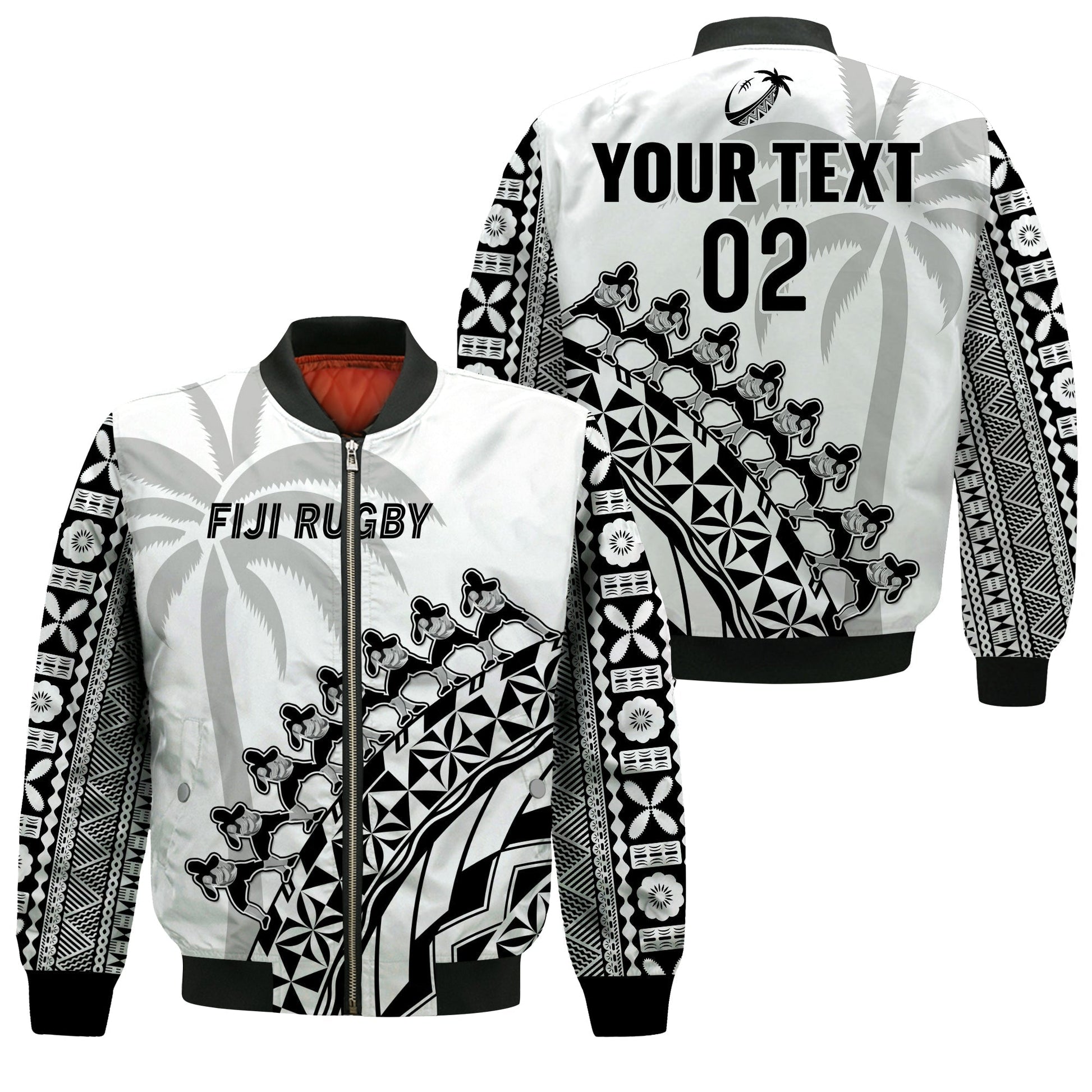 (Custom Text And Number) Fiji Rugby Bomber Jacket Fijian Cibi Dance Tapa Pattern White