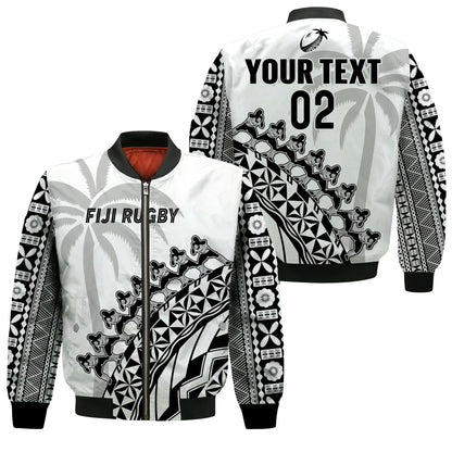 (Custom Text And Number) Fiji Rugby Bomber Jacket Fijian Cibi Dance Tapa Pattern White