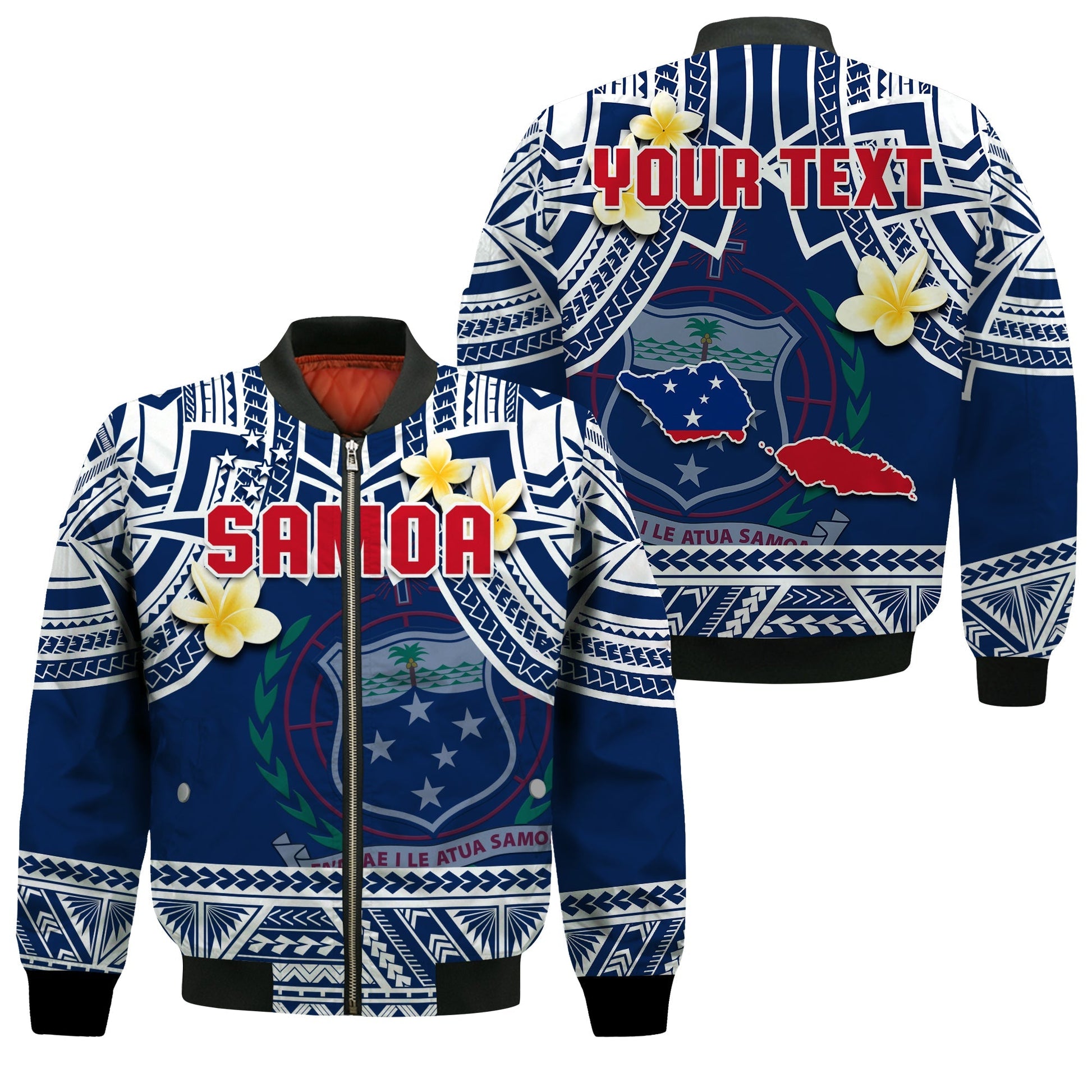 (Custom Personalised) Samoa Bomber Jacket Samoan Plumeria Flowers Mix Polynesian Pattern