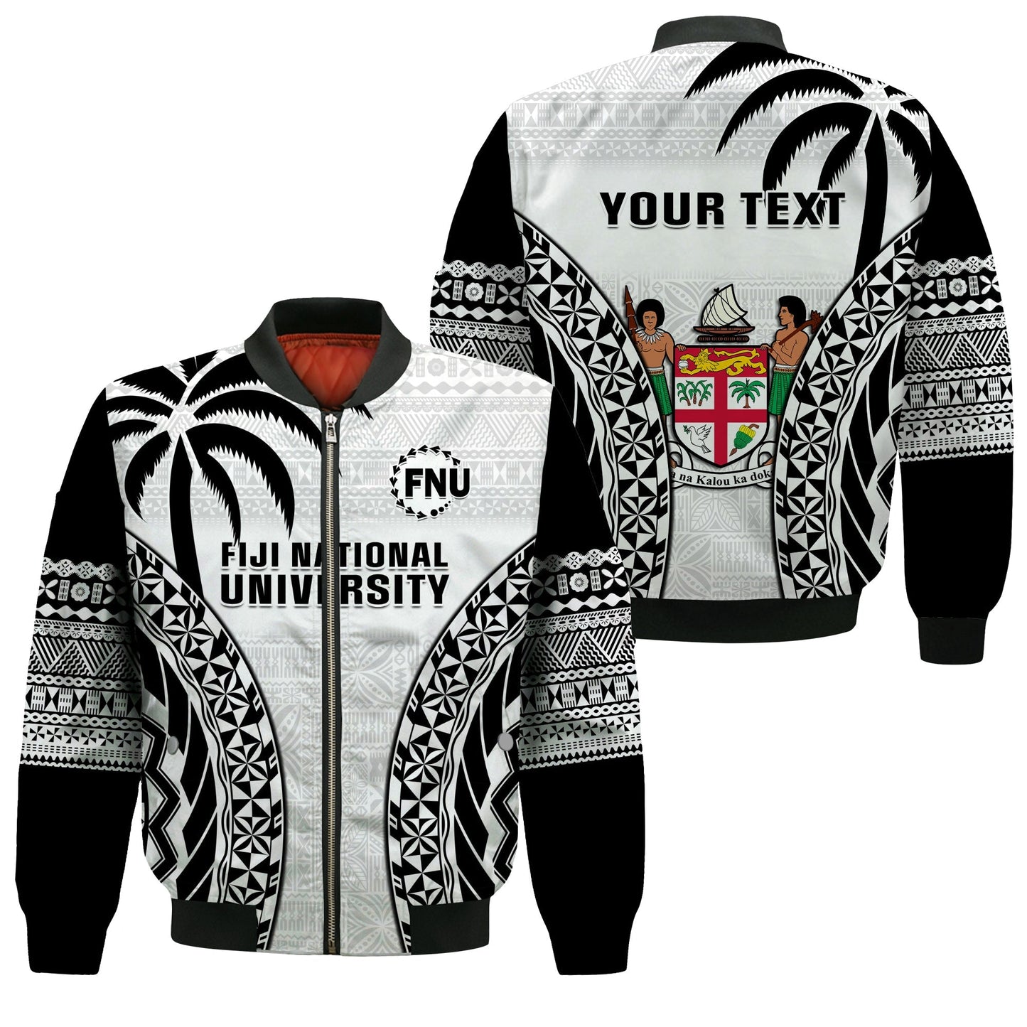 (Custom Personalised) Fiji University Bomber Jacket National Fijian Tapa Pattern White