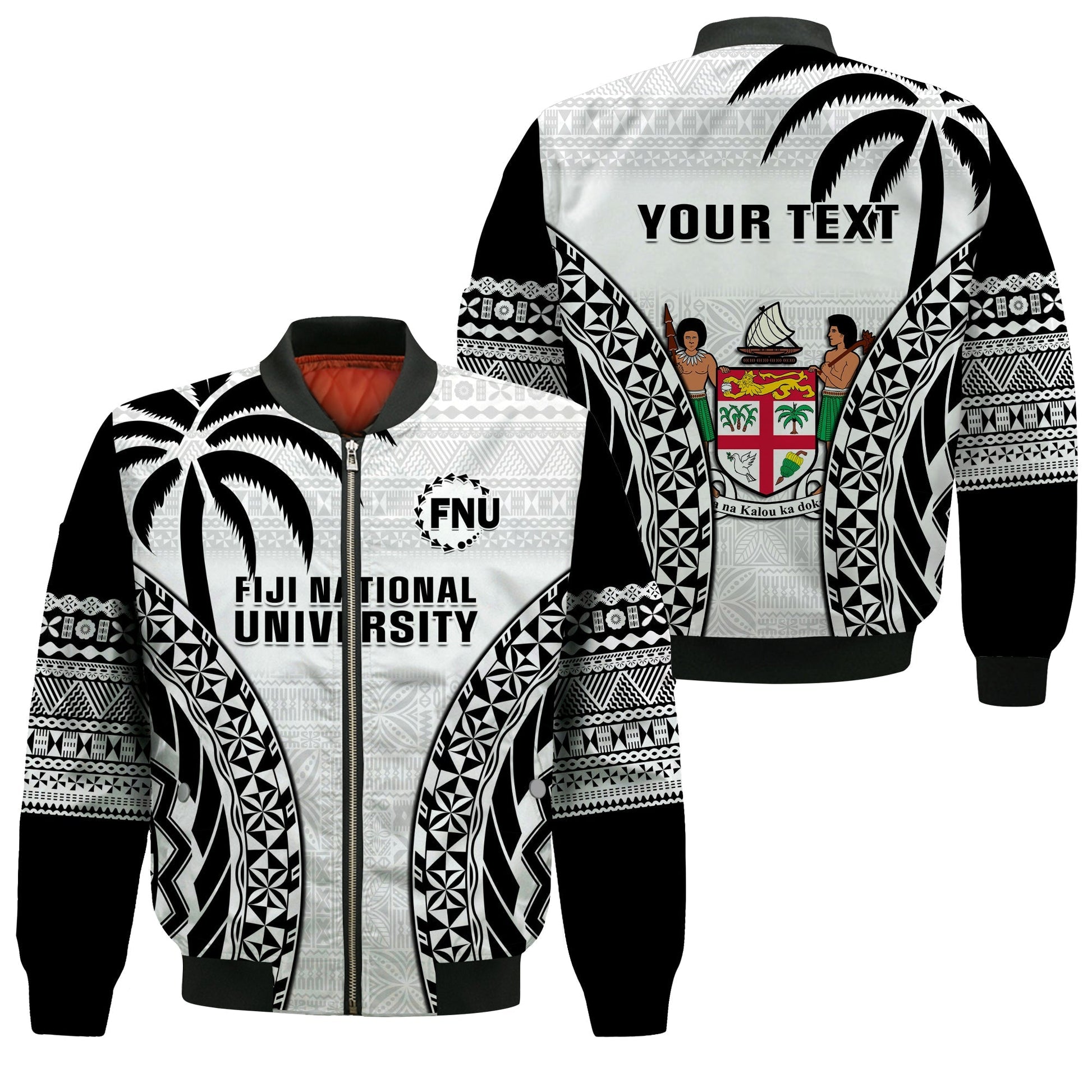 (Custom Personalised) Fiji University Bomber Jacket National Fijian Tapa Pattern White