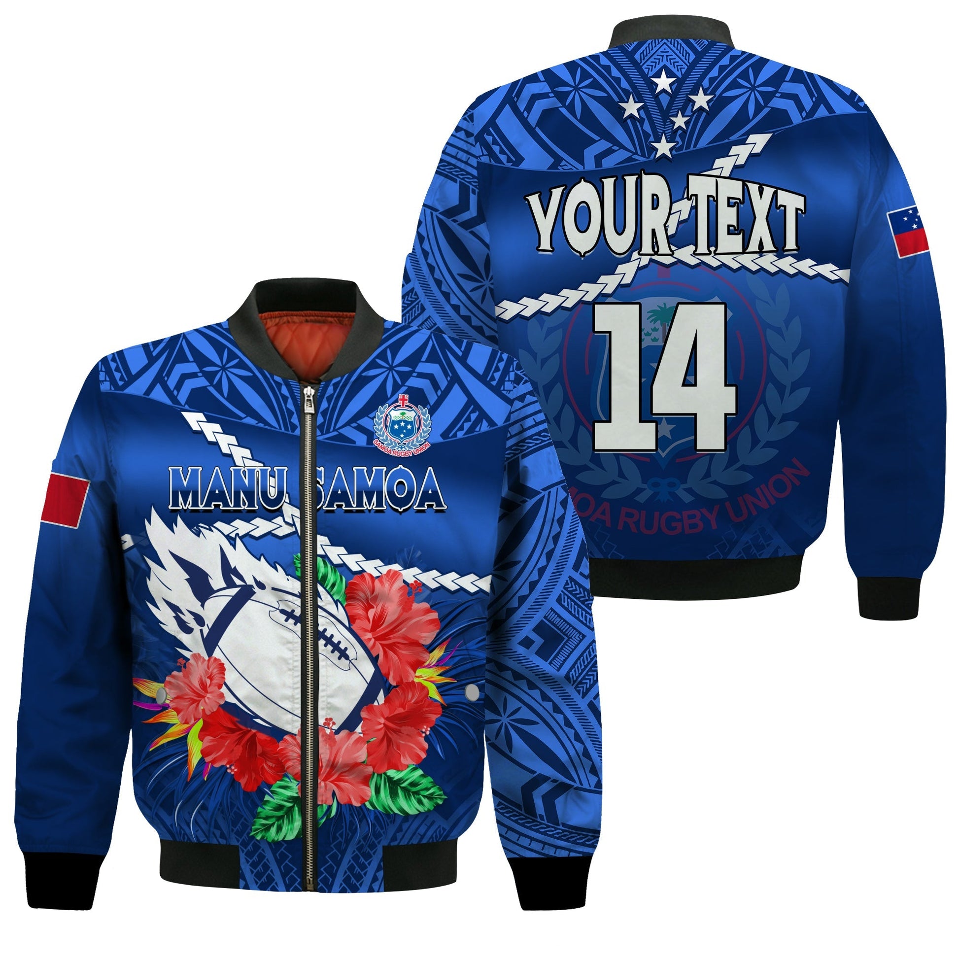 (Custom Text And Number) Samoa Rugby Bomber Jacket Manu Samoa Polynesian Hibiscus Blue Style
