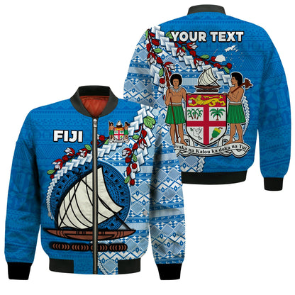 (Custom Personalised) Fiji Bomber Jacket Fijian Drua Mix Tagimaucia Flower Blue Style